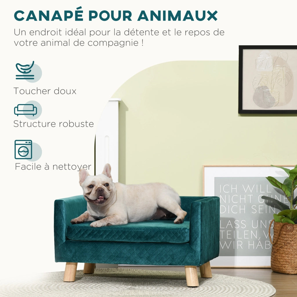 Letto per cane design scandinavo ¨C Xylo ¨C velluto blu con cuscino e piedini in legno massello 64x45x36 cm
