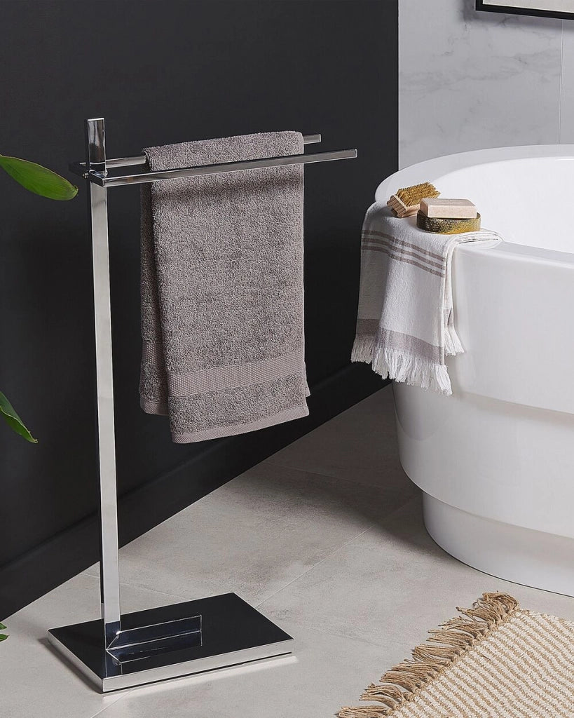 Porta asciugamani in acciaio argento lucido 2 binari Accessori bagno Porta asciugamani in piedi dal design moderno