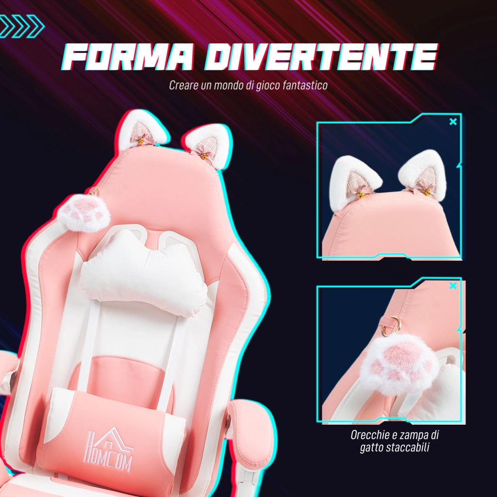 Sedia da Gaming Ergonomica con Orecchie da Gatto, Poggiapiedi, Supporto Lombare e Cervicale, Rosa