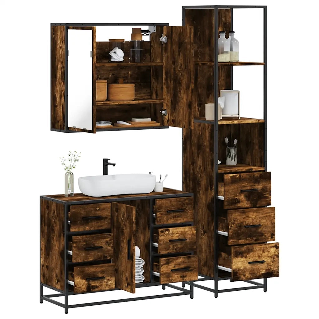 Set Mobili da Bagno 3 pz Rovere Fumo in Legno Multistrato