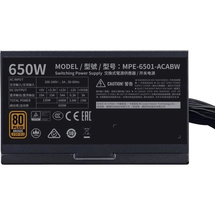 COOLER MASTER MWE Bronze 650W V2 - Alimentazione 650W - 230V (Certificato 80 Plus Bronze 5 anni di garanzia) Cavi flat neri