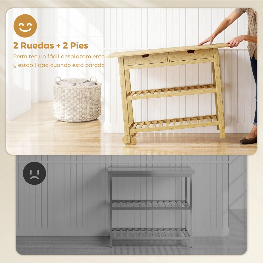 Tavolino Carrito con 2 Cassetti e 2 Ripiani ¨C Zephmum ¨C Bamb¨´ Naturale 100x43x75 cm