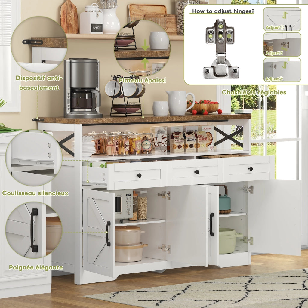 Credenza con 3 cassetti e 2 ante; per cucina e soggiorno; in MDF; 140x35x95 cm; bianco e marrone