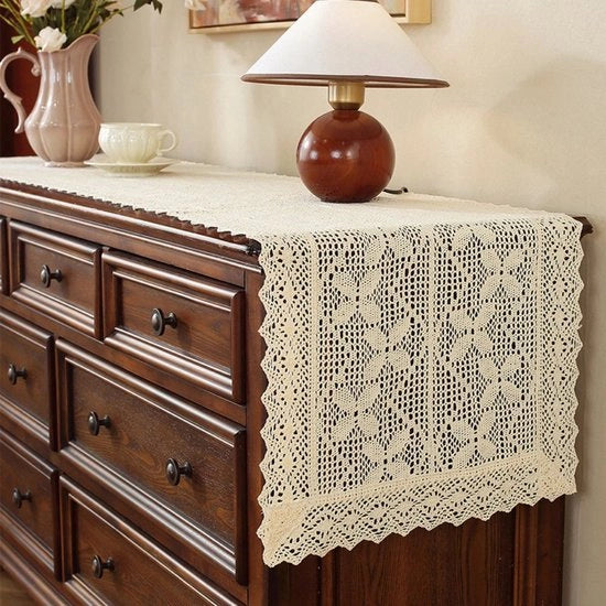 Tavolo da pranzo in stile bohemien con tessuto rustico, facile da pulire, adatto per tavolo da pranzo, salotto, decorazione ristorante - Orlo a fiocco con farfalla, angolo quadrato - 42*150