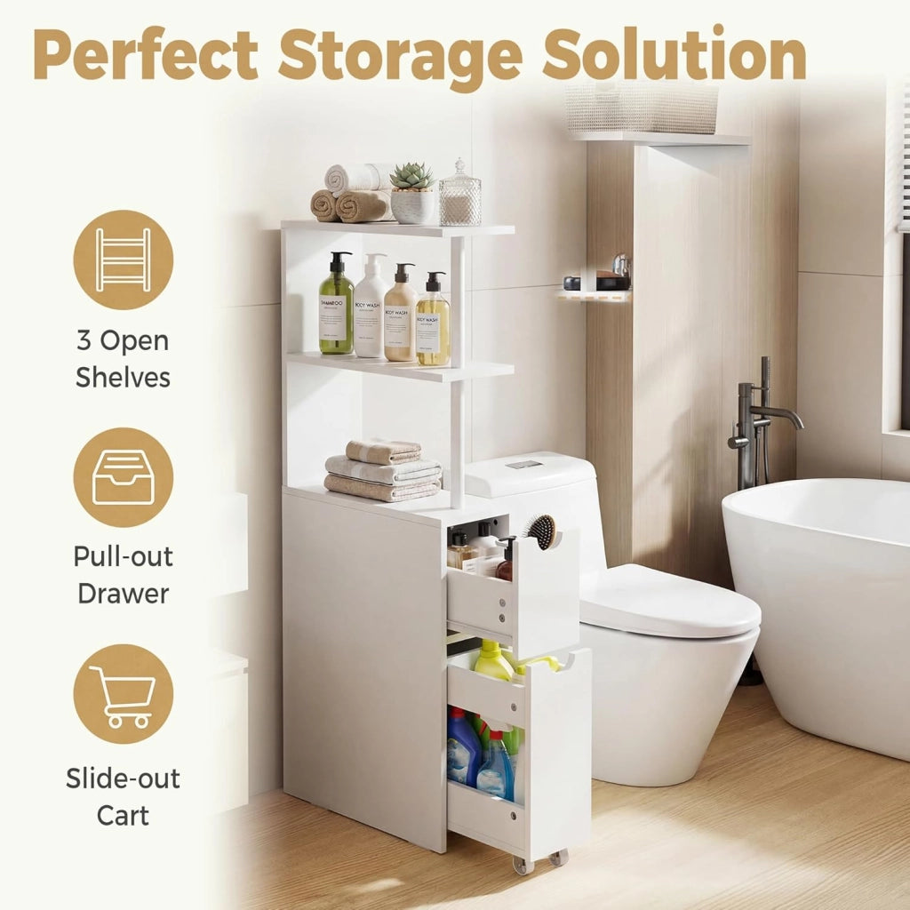 Mobile Alto per Bagno, Armadio da Terra con Ripiani Aperti, Cassetto con Rotelle, Mobile Colonna per WC Salvaspazio per Salotto, Camera e Cucina, 45 × 20 × 114 CM, Bianco