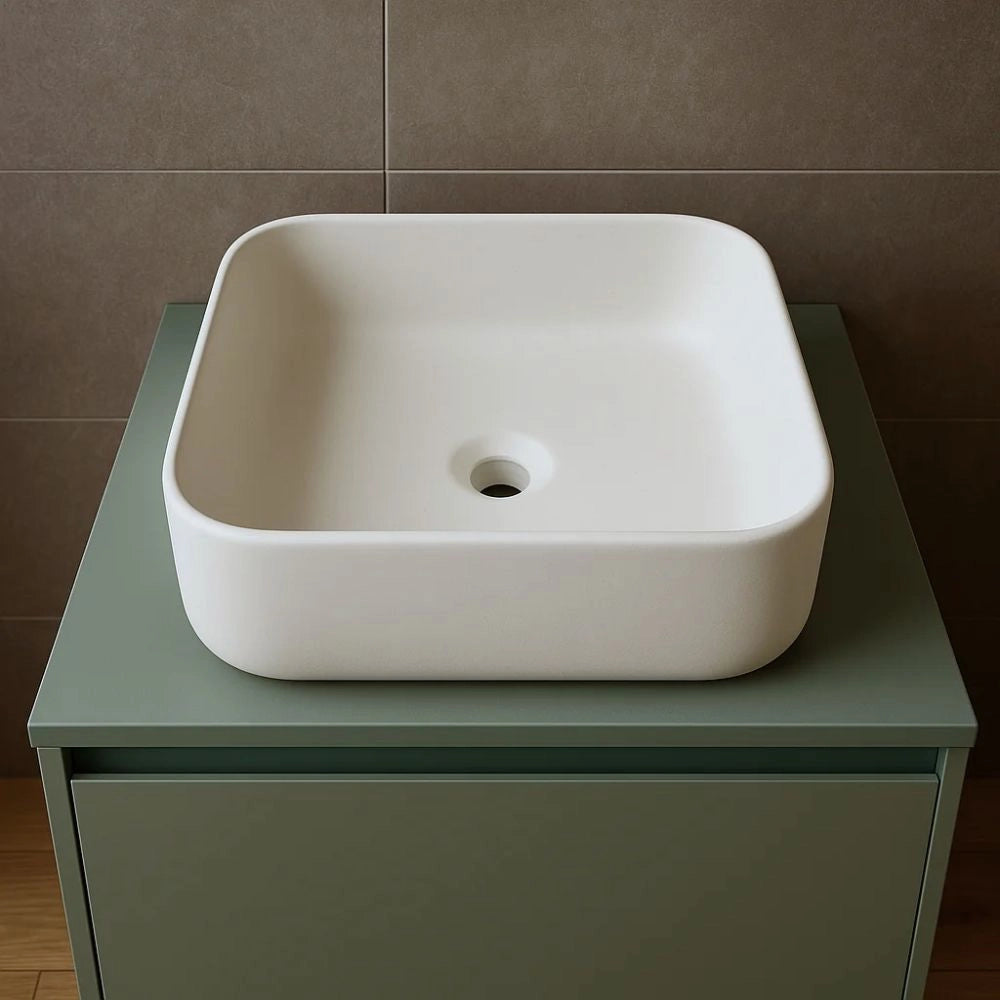Lavabo d'appoggio ceramica bianco quadrato lavandino bagno dimensioni cm 38,5x38,5x14 *** finitura- opaco, confezione 1