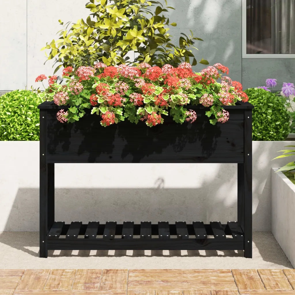 Fioriera con Mensola-Vaso con Ripiano-Contenitore per Piante Nera 111,5x54x81cm Legno Massello di Pino