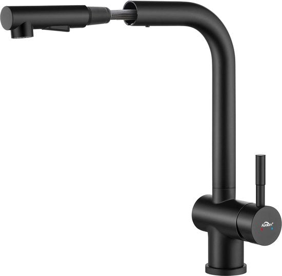 Cranio da cucina, estensibile, nero, rubinetto da cucina con doccia, due tipi di getto d'acqua, 360° girevole, attacco per l'acqua calda, in acciaio inossidabile, miscelatore a un manubrio, miscelatore ad alta pressione per lavandino