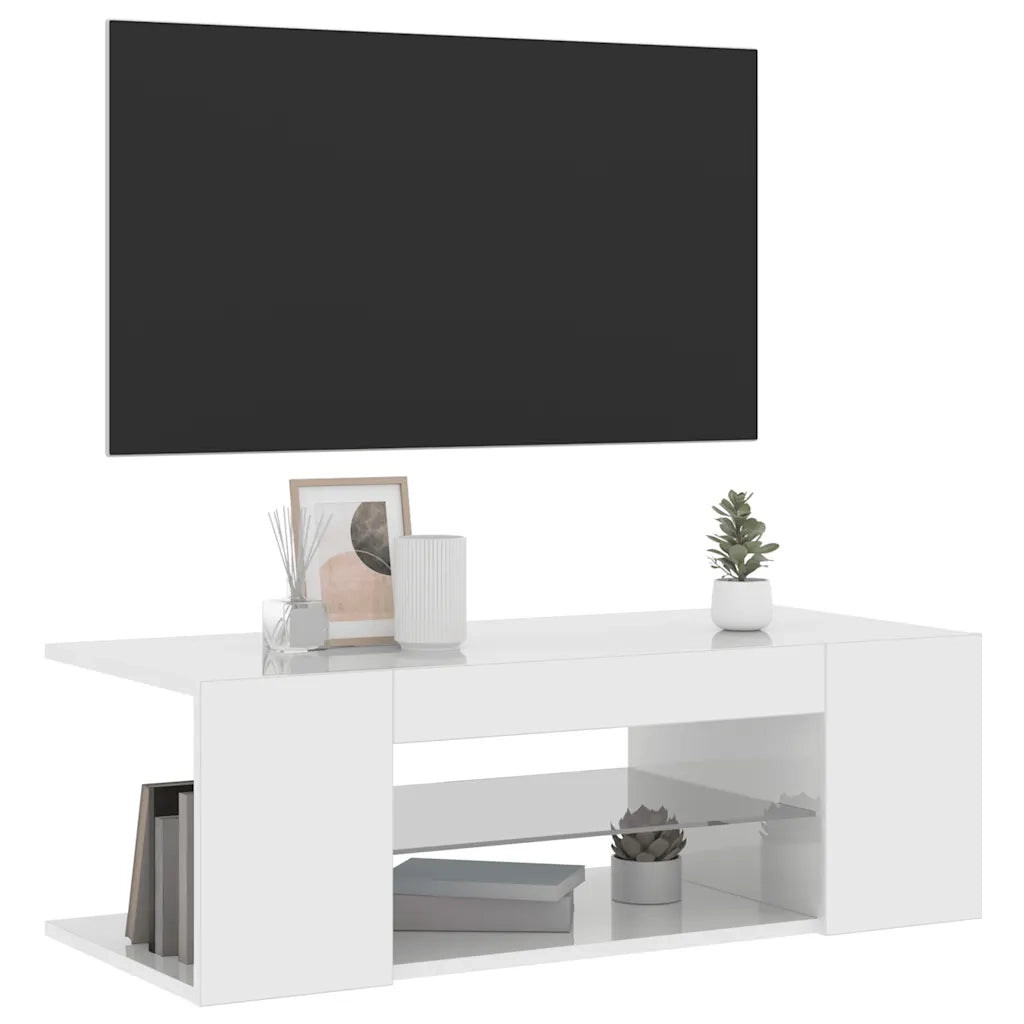 Mobile Porta TV con Luci LED Bianco Lucido 90x39x30 cm