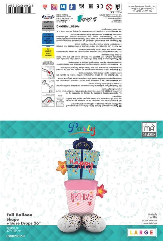 MA MAISON MYLAR PALLONCINO "REGALO HAPPY BIRTHDAY" + BASE 119X47 CM CANNUCCIA INCLUSA