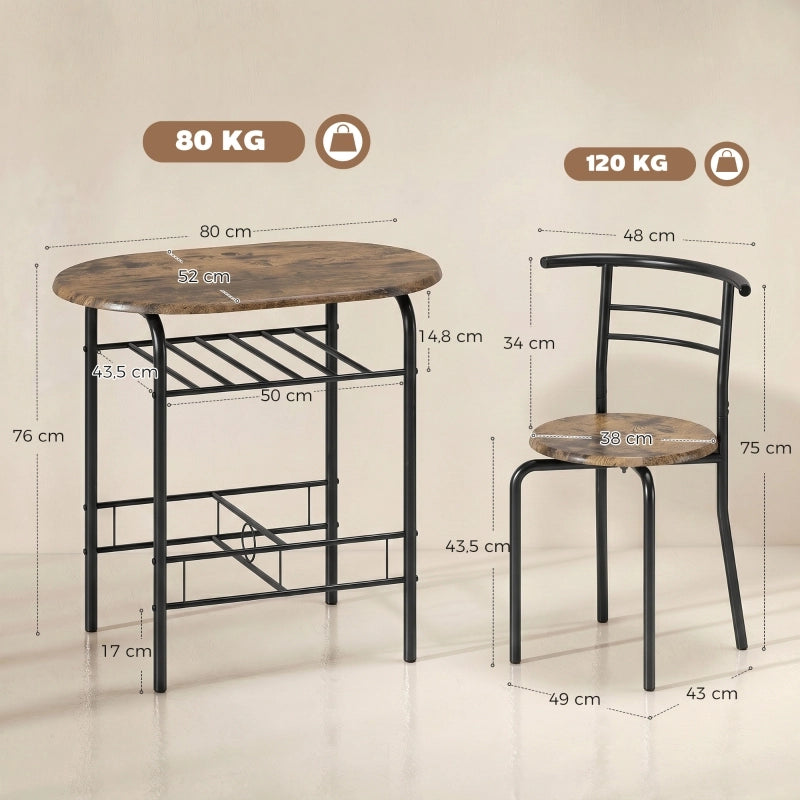 TAVOLO da pranzo Set da 3 pezzi 80x52x76 cm Marrone rustico con 2 sedie