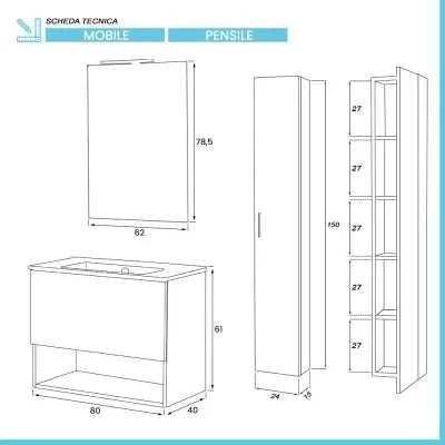 Mobile bagno sospeso 80 bianco con pensile 150 lavabo e specchio  Martha