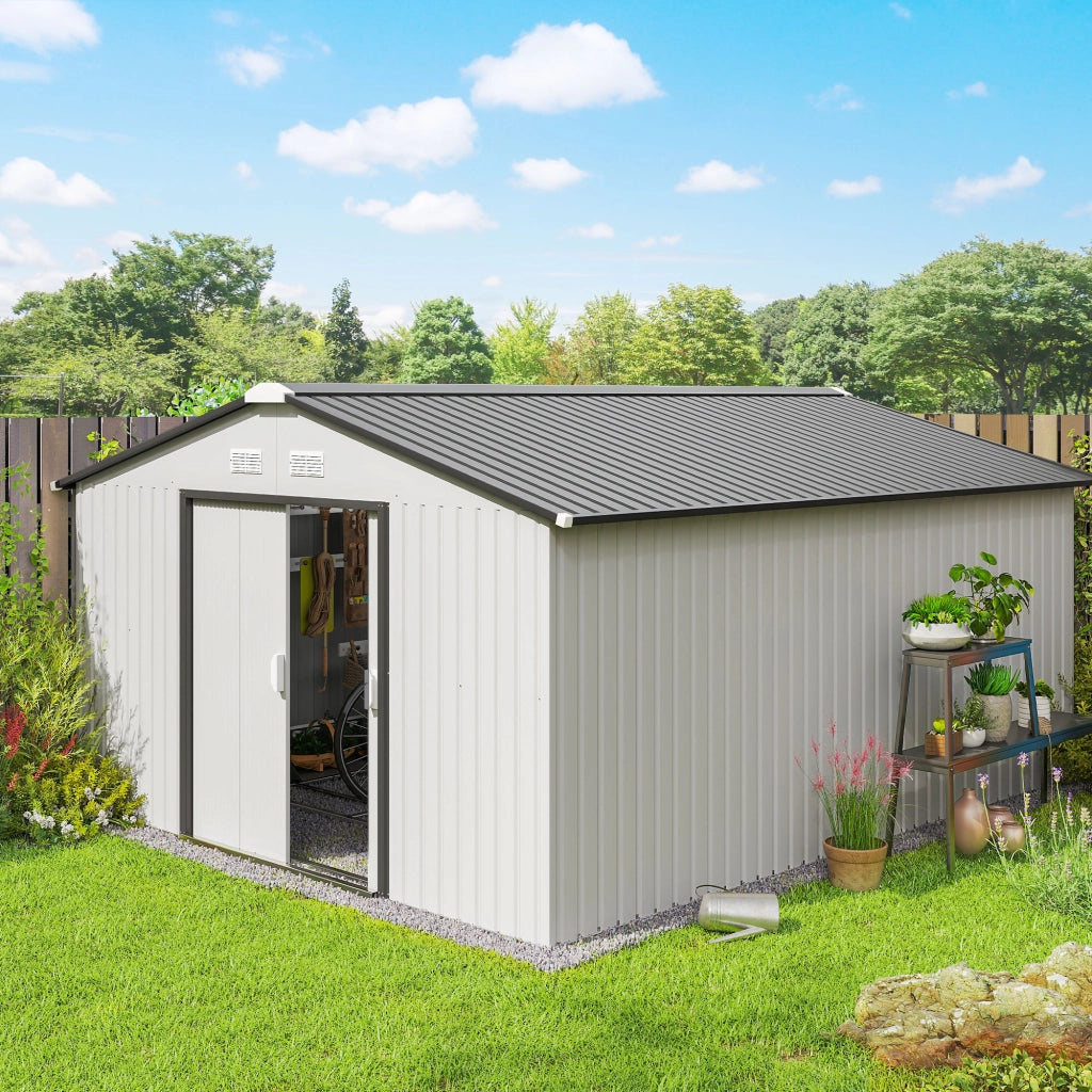 Casetta da Giardino 3.4x3.8x2 m in Acciaio con Doppia Porta Scorrevole e Tetto Inclinato, Argento