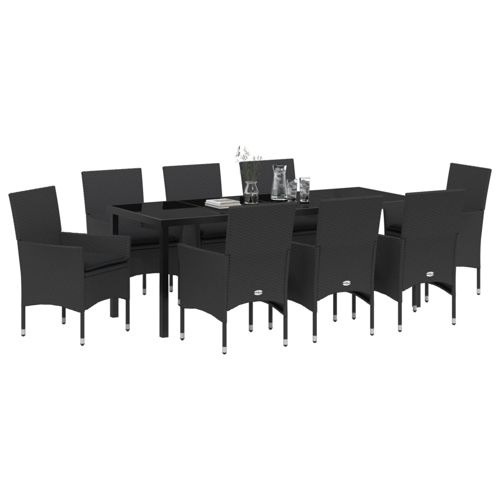 Set da Pranzo per Giardino 9 Pezzi con Cuscini Polyrattan Nero