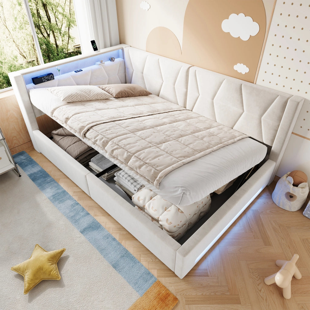 LETTO Contenitore 140x200 cm Velluto Beige con USB, Type-C e LED