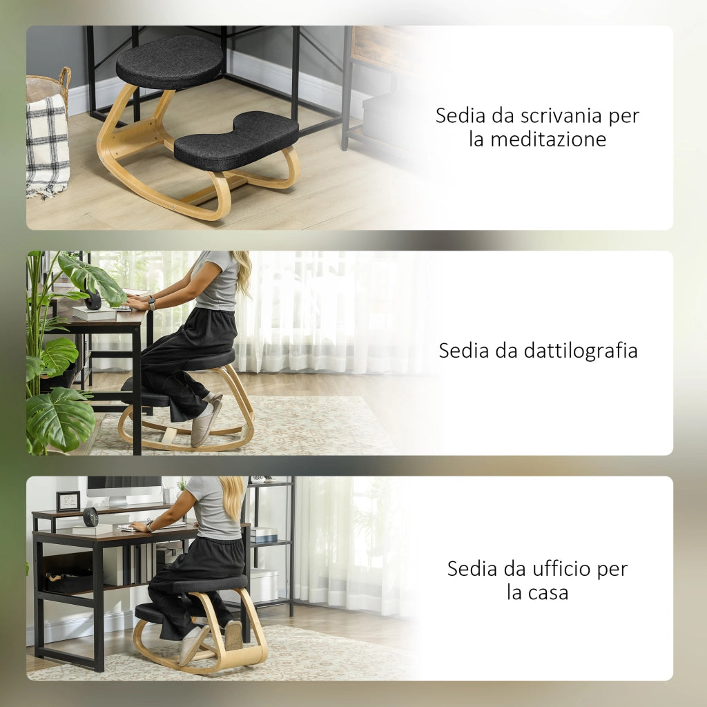 Sedia Inginocchiatoio con Movimento a Dondolo ¨C Zephmum ¨C Tessuto, Legno Betulla, Nero, 50x73x55 cm