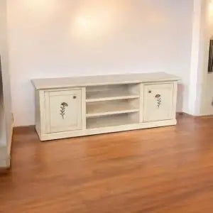Mobile Porta tv Shabby chic avorio anticato decorato a mano 2 ante 3 vani rametta