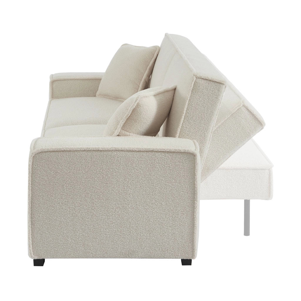 Divano letto in tessuto bouclé, 3 posti, crema