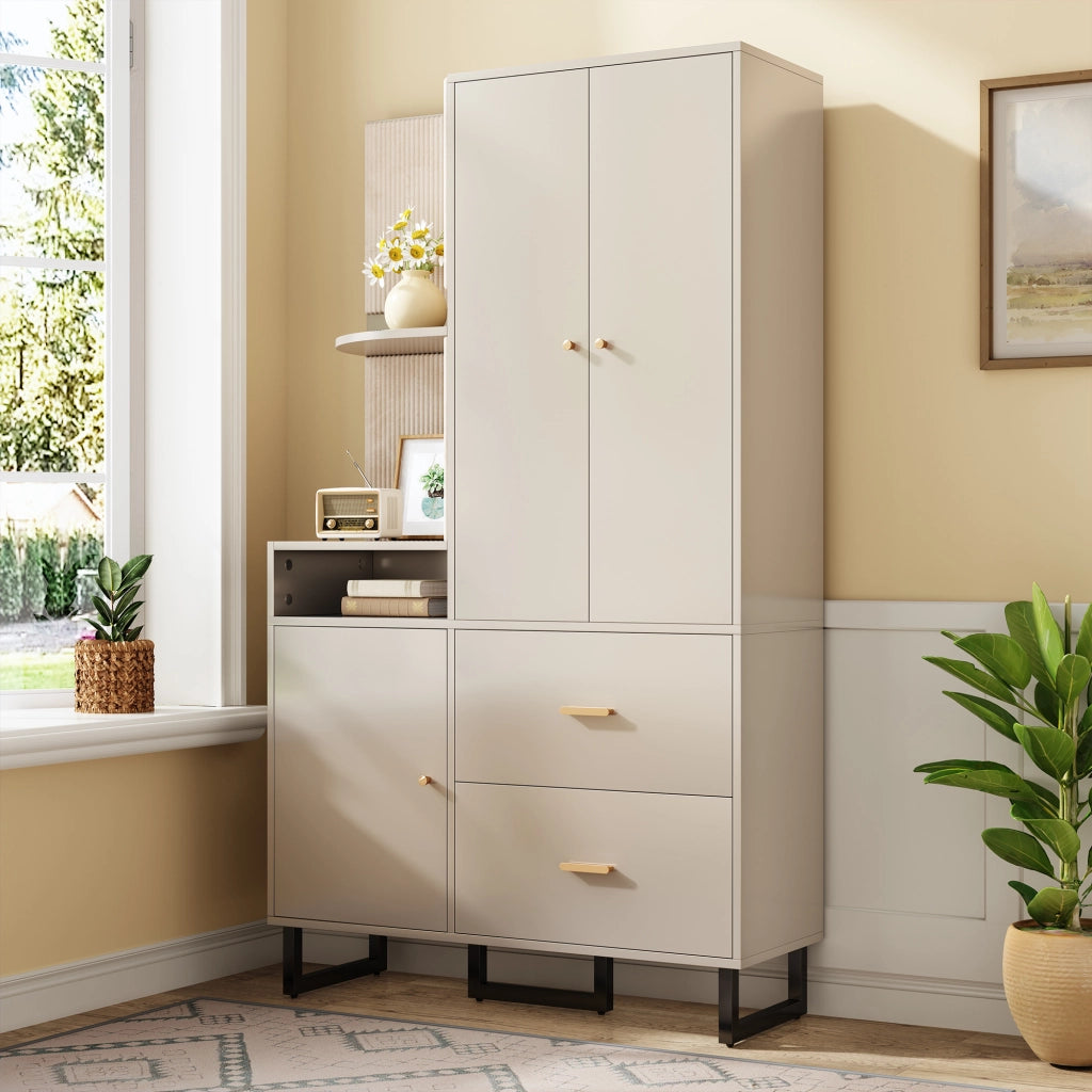 Armadio da ingresso con appendiabiti, ripiani, 2 cassetti e scarpiera, in MDF beige grigio