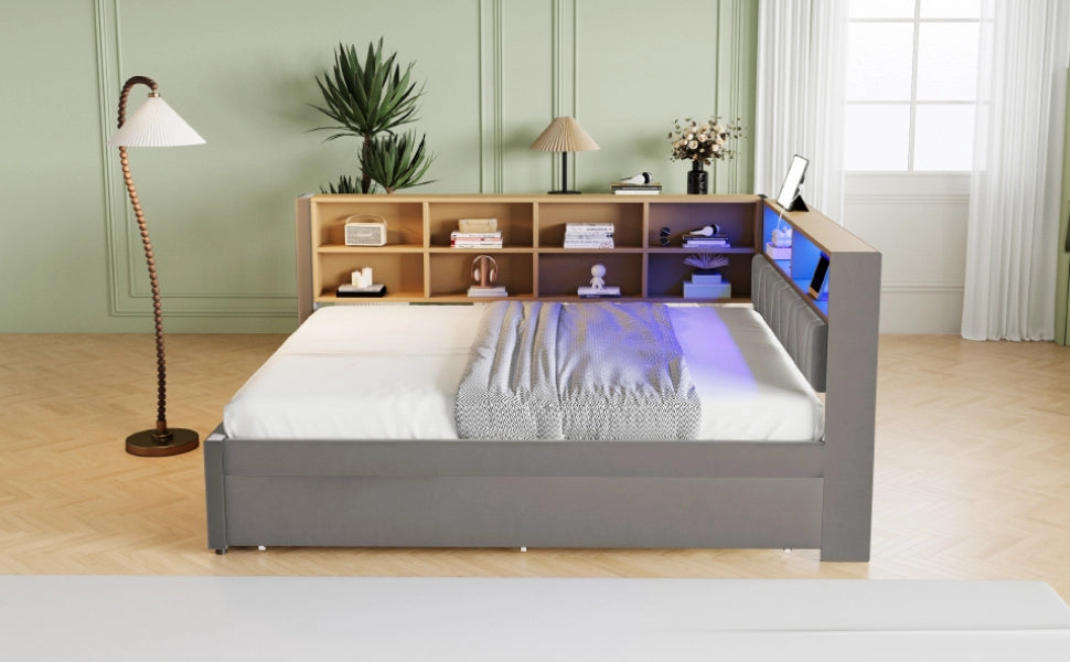 DESMIU Divano letto 140 × 200 cm 2 posti con LED, USB, Type-C e presa, senza materasso, in flanella grigio scuro