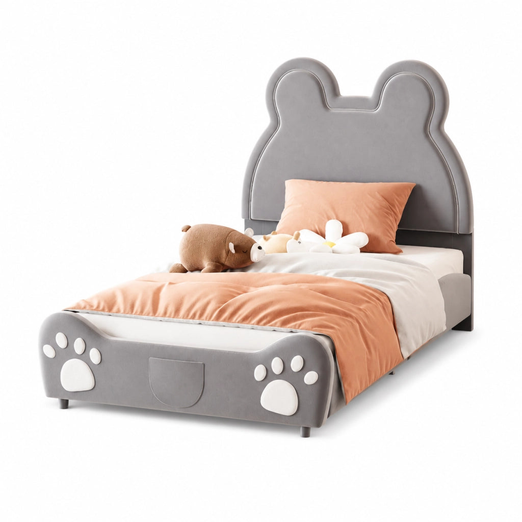 Letto per bambini 90x200 cm a forma di orso; imbottito in tessuto vellutato grigio