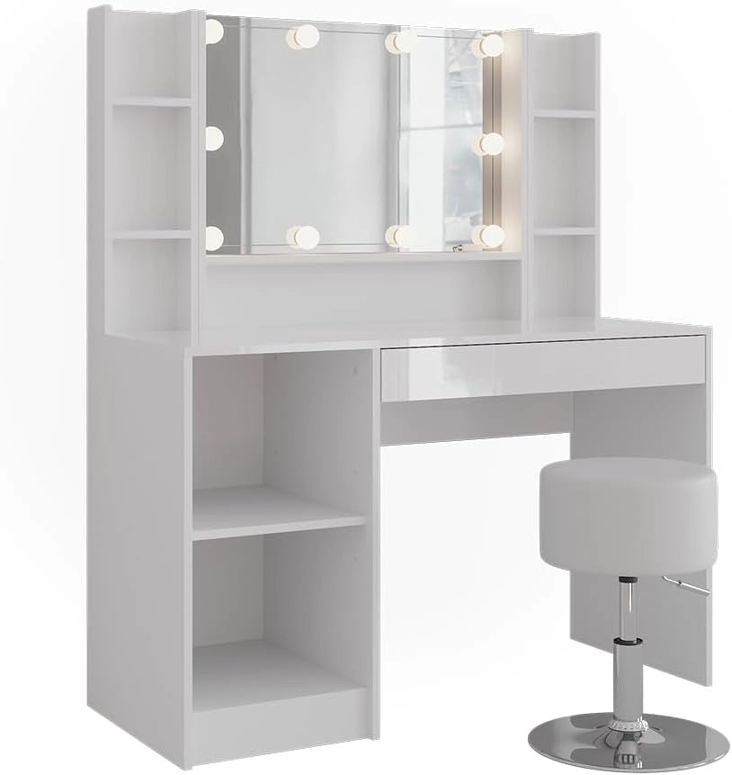 Tavolo da toeletta Sherry, Bianco/bianco lucido, 119.8 cm 6 parti
