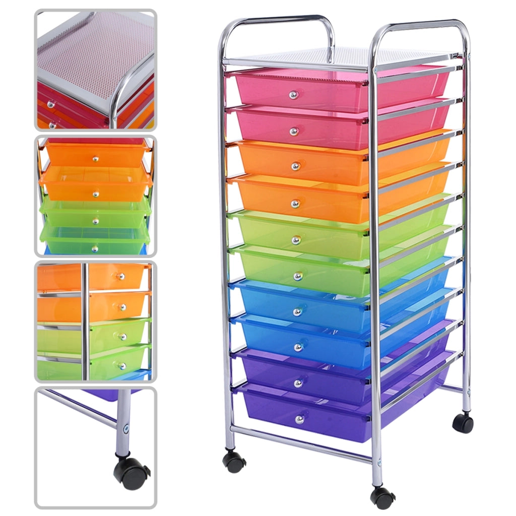 Carrello cassettiera multiuso con 10 cassetti da cucina-Scaffale  Contenitore con ruote a 10 ripiani per bagno Colorato