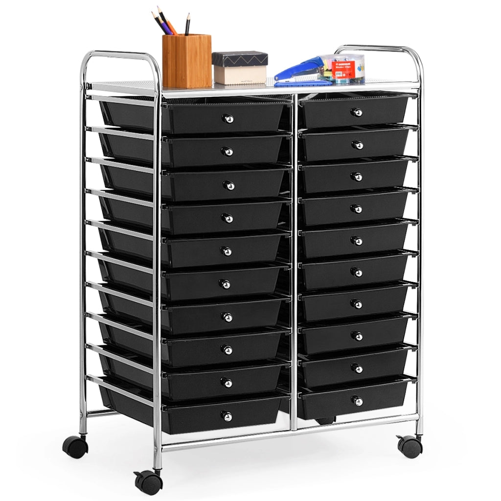 Carrello cassettiera multiuso e leggero con 20 cassetti, Contenitore con ruote per ufficio e casa Nero