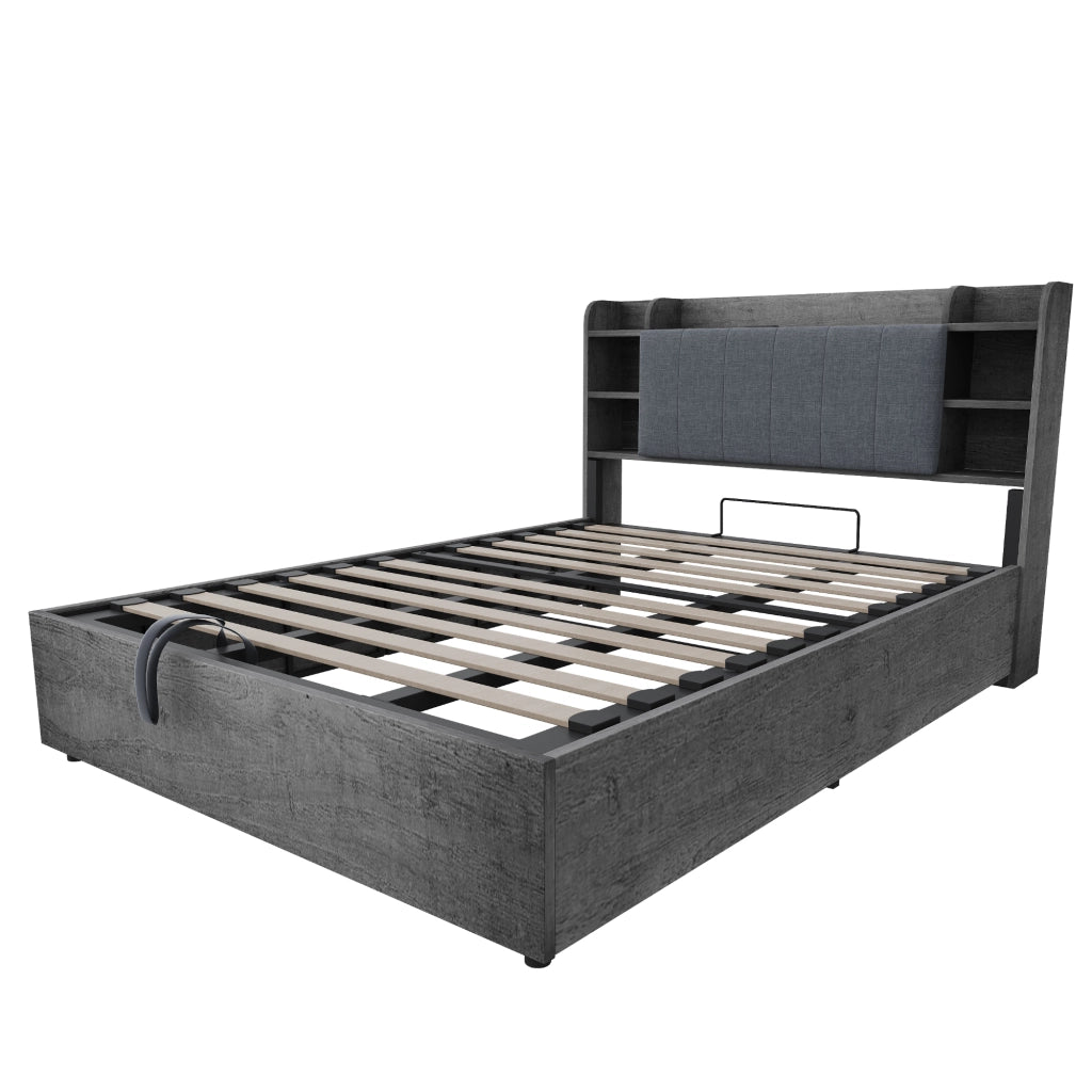 Letto Contenitore Letto Singolo 180 x 200 cm con USB; Type-C e Testiera con Ripiani; Grigio