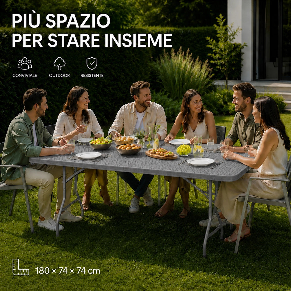 Tavolo Pieghevole Grigio Polyrattan Resistente Tavolino da Esterno 180x74x74cm