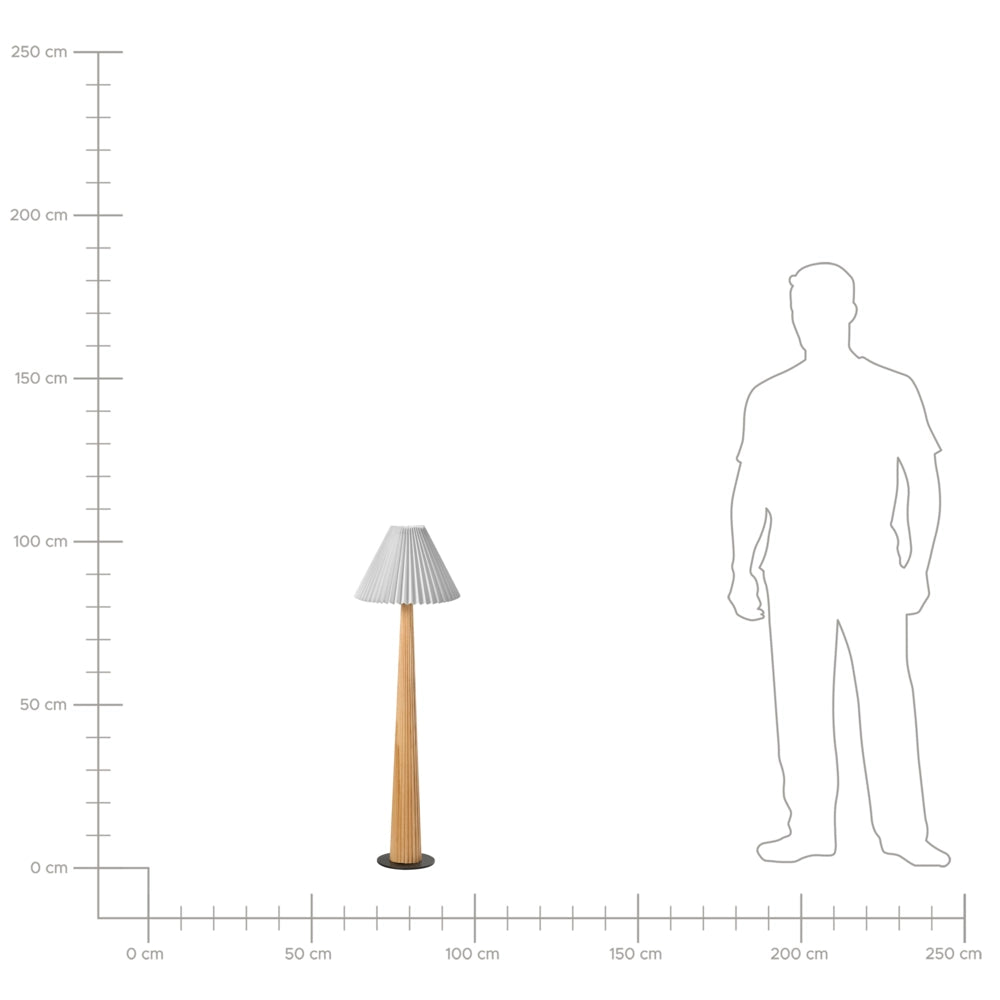 Lampada da terra industriale con paralume in tessuto e base in legno di gomma bianco naturale