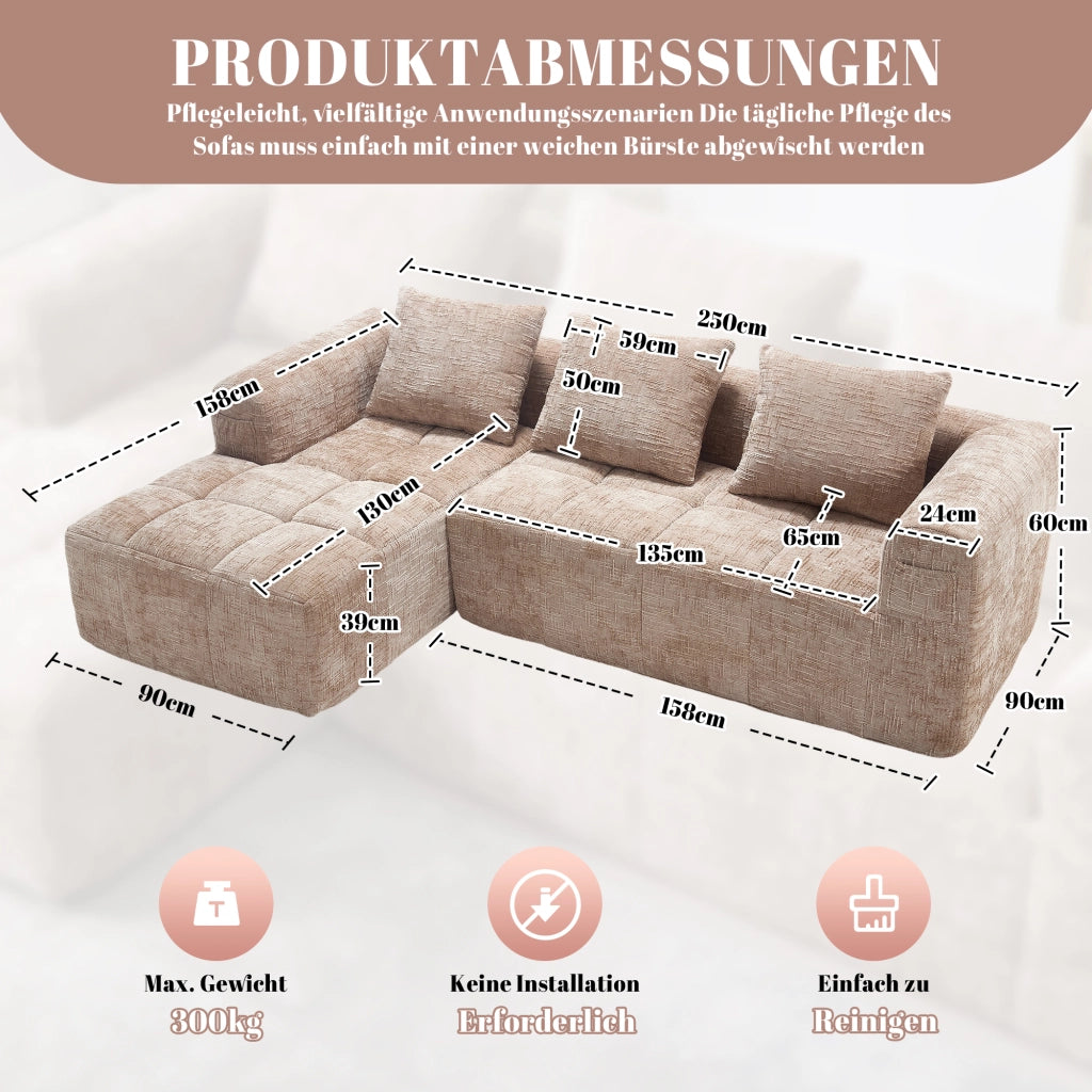 OKWISH Divano con Chaise Longue Reversibile 3 Posti, Modulare senza Montaggio con Tasche Laterali e 3 Cuscini, Ciniglia, Cachi