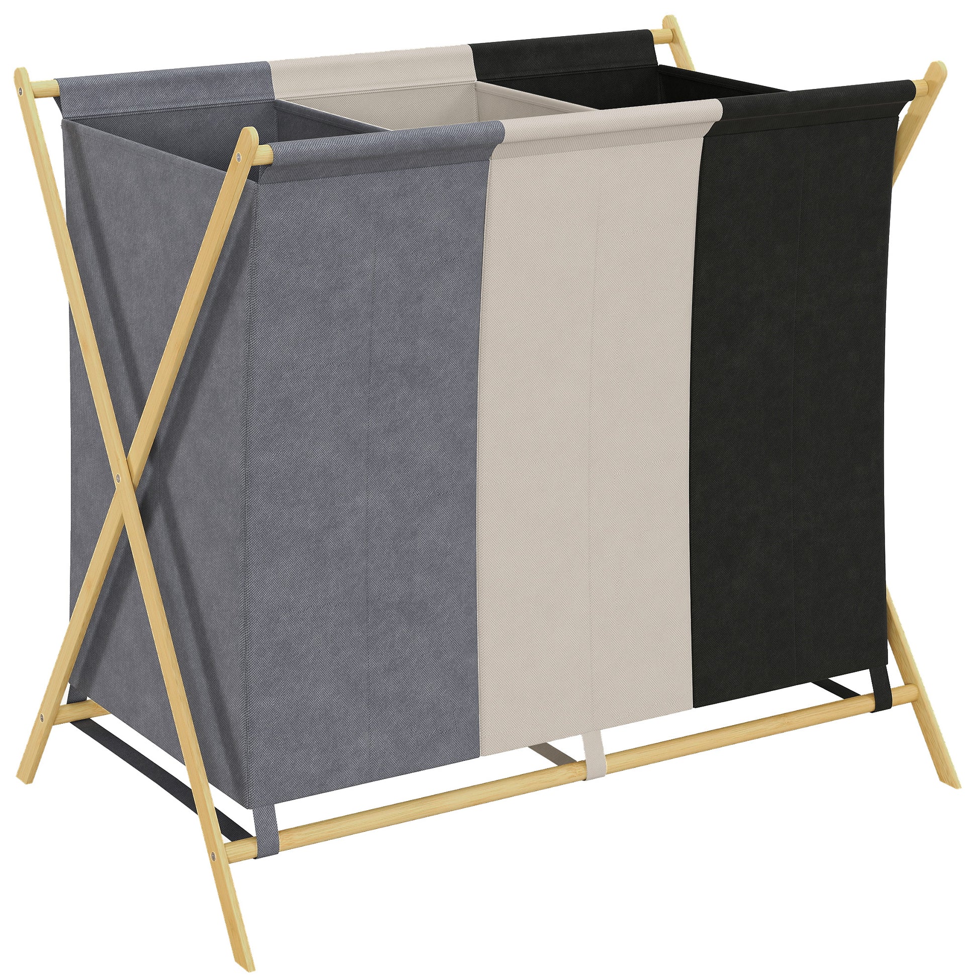 Cesto Portabiancheria Pieghevole 75x48x67 cm a 3 Scomparti in Bambù e Tessuto Effetto Lino Multicolore