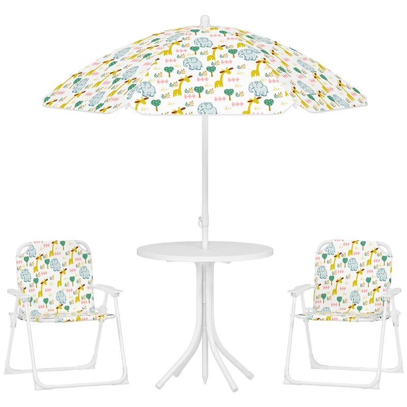 SET DA GIARDINO PER BAMBINI 2-5 ANNI CON TAVOLINO ROTONDO, 2 SEDIE PIEGHEVOLI E UN OMBRELLONE, BIANCO
