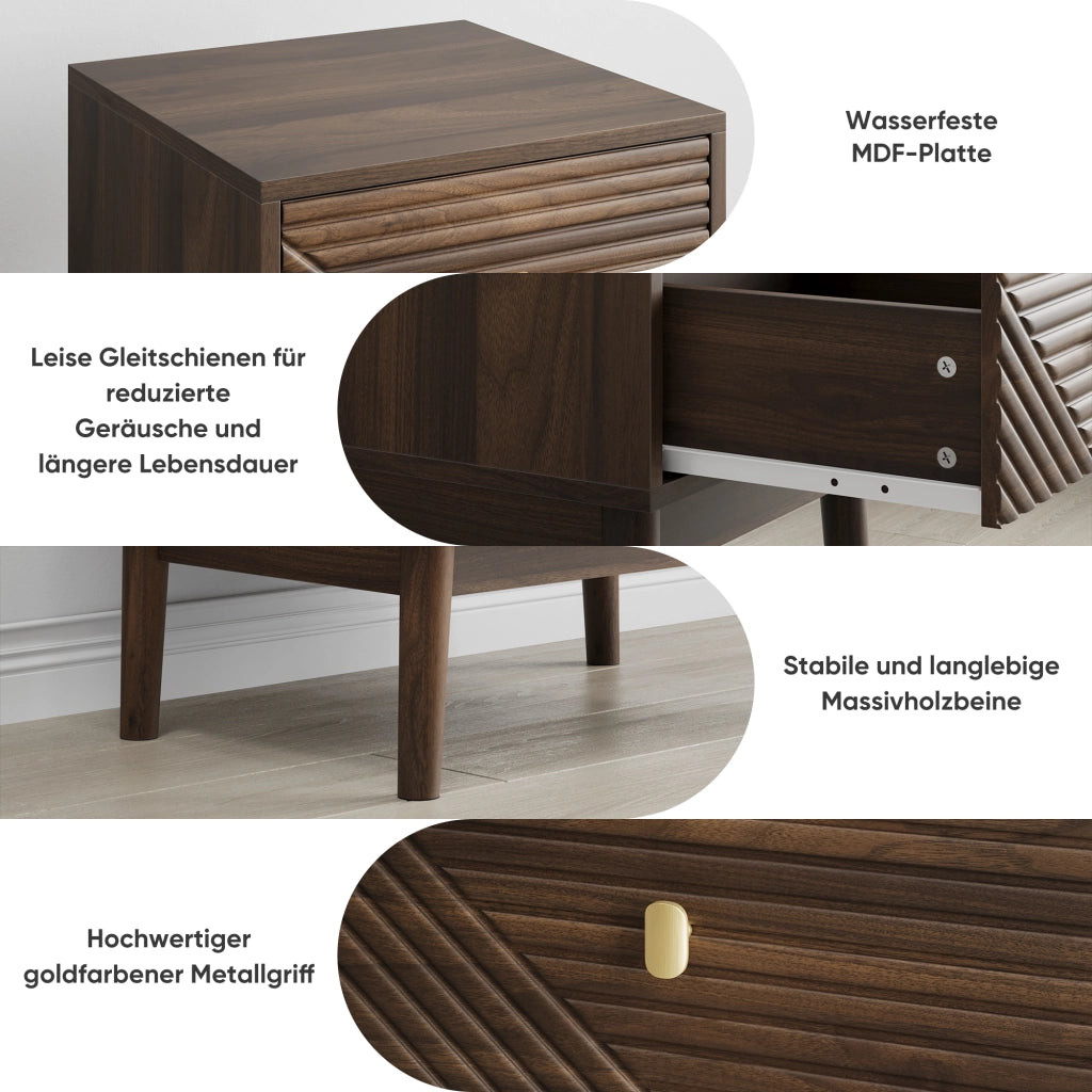 Comodino con 2 cassetti e maniglie in metallo, design a scanalature, per camera da letto, noce, 40 × 40 × 55 cm