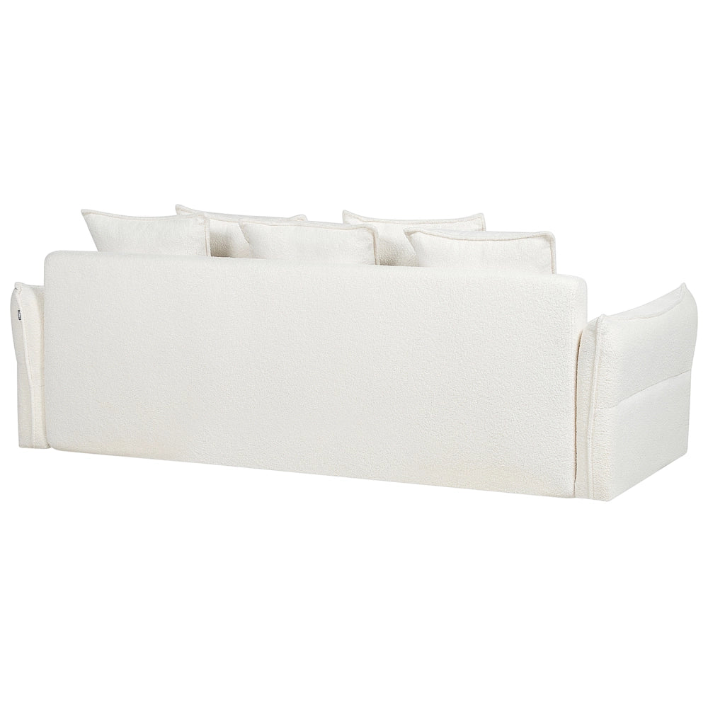 Divano letto in tessuto bouclé bianco convertibile con cuscini aggiuntivi rimovibili, con rivestimento in stile moderno e minimalista.