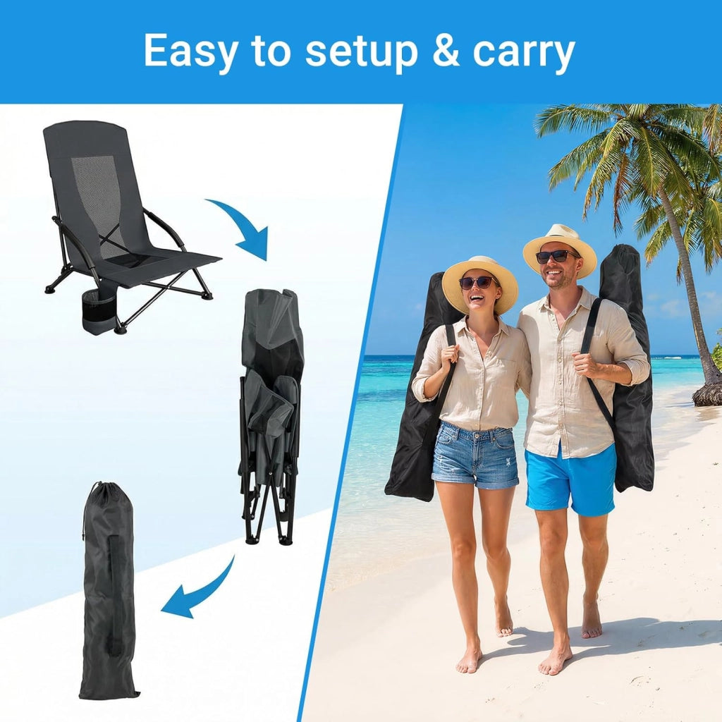Sedia da spiaggia pieghevole, set da 2 pezzi, schienale alto, sedia da campeggio, sedia da spiaggia bassa con borsa per il trasporto, supporto per bevande, tessuto a rete traspirante, per