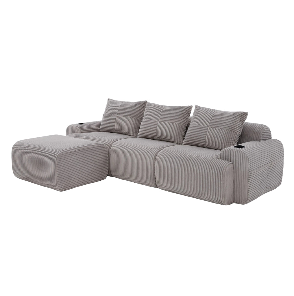 Divano modulare 3 posti ULEVR 268x174x80 cm con portabicchieri e tasca laterale, velluto a coste grigio chiaro