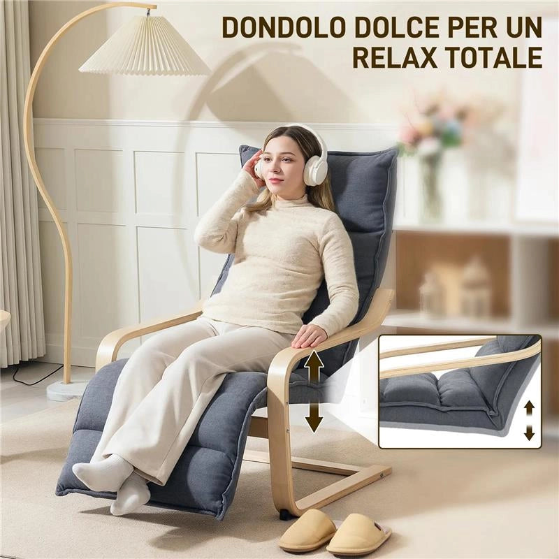 POLTRONA RELAX IN LEGNO CON RIVESTIMENTO IN VELLUTO E POGGIAPIEDI REGOLABILE GRIGIO SCURO