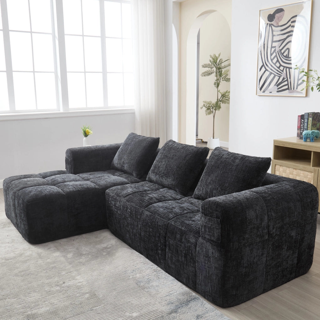 Divano modulare a L, 3 posti, tessuto chenille nero, con chaise longue e braccioli, 3 cuscini inclusi