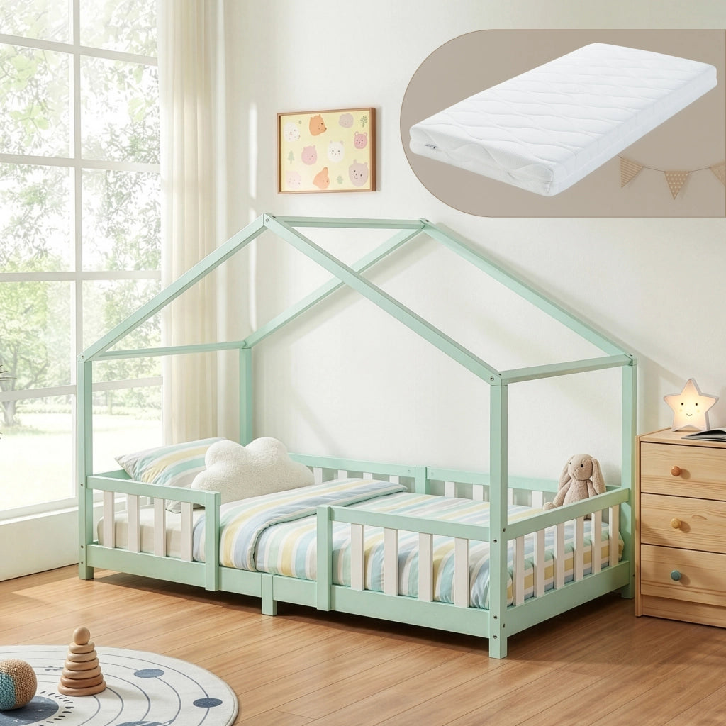 Letto per Cameretta Treviolo a Forma di Casetta in Stile Montessori con Materasso 90x200 cm - Menta Verde/Bianco [en.casa]