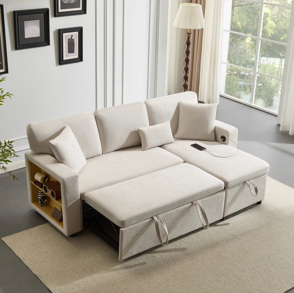 Divano letto angolare beige con USB, contenitore e 3 cuscini