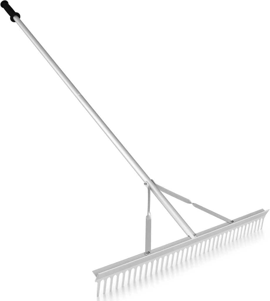 Rastrello da Giardino in Alluminio con Manico Lungo 174 cm, Rastrello da Prato Largo 91 cm con 36 Denti Rigido per Paesaggio, Ideale per Foglie, Erbacce, Terreno e Detriti (Stile B)