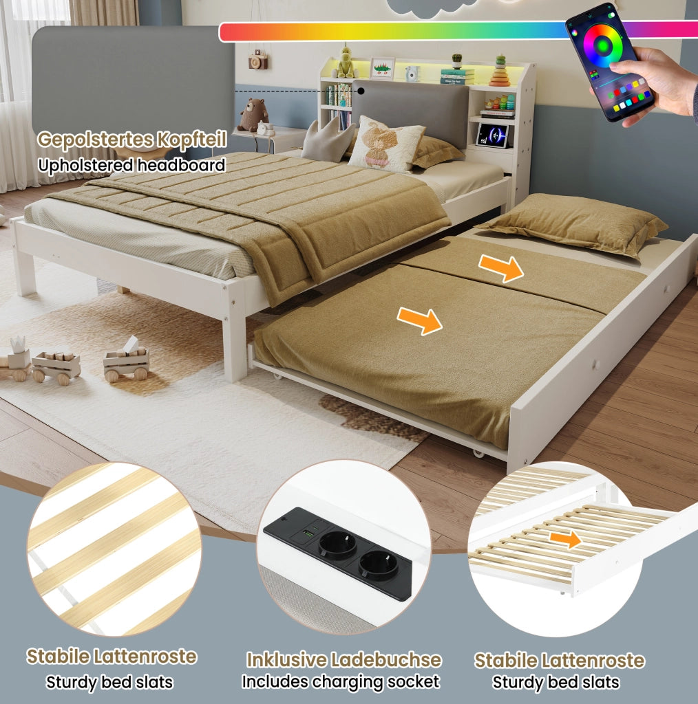 Letto in legno 120x200 cm con letto estraibile e LED
