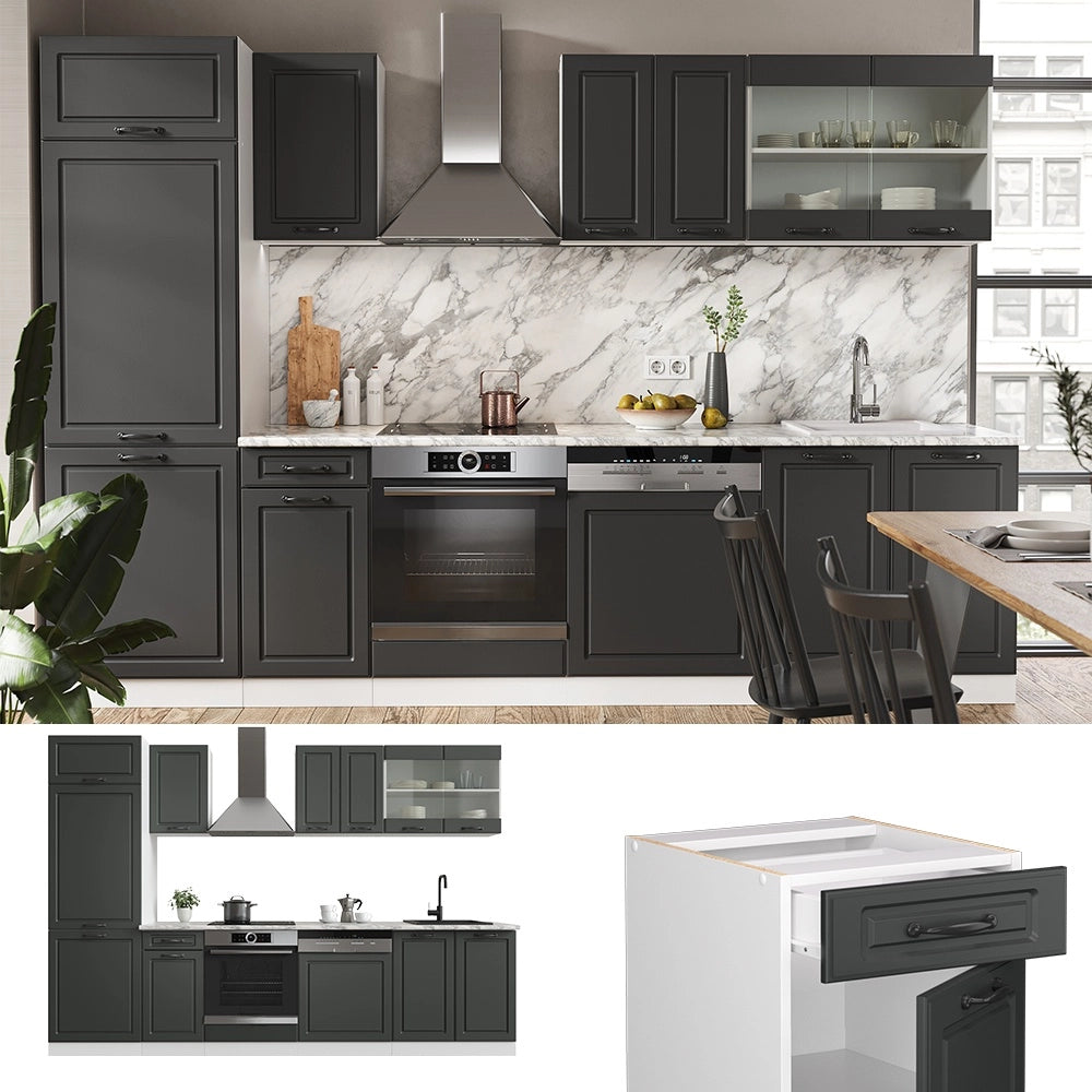 Cucina componibile R-Line Antracite rustico/Bianco 300 cm, PL Rovere Vicco