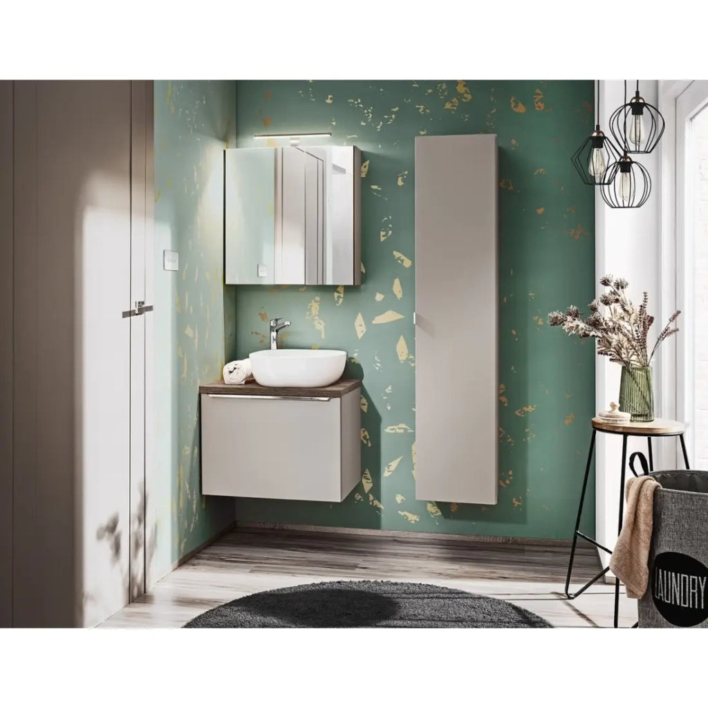 Set VANTA taupe: mobile sottolavabo 60cm + lavabo da appoggio + colonna di stoccaggio + specchio + LED