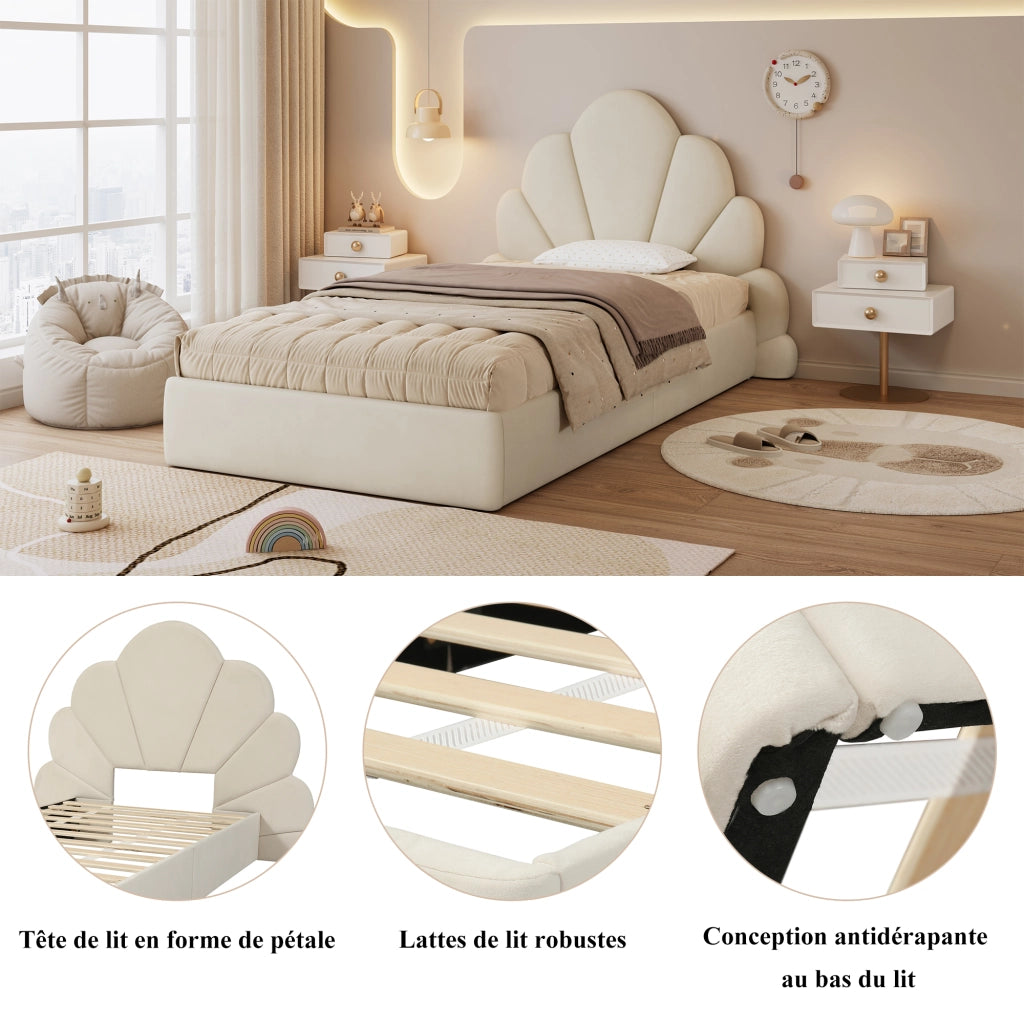 Letto Singolo 90 x 200 cm - Testiera a Petali e Tavolini Laterali - in Velluto - Beige