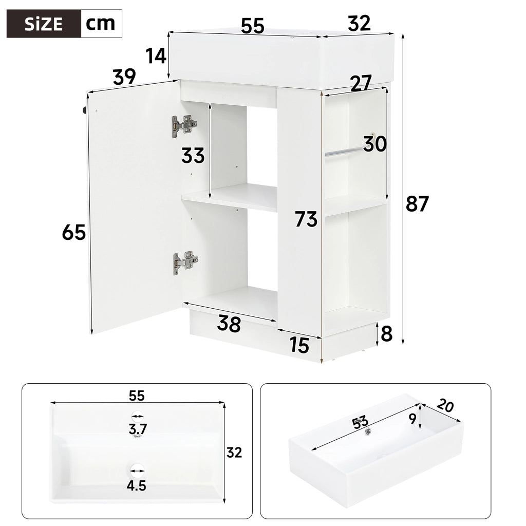 Mobile sottolavabo da bagno con lavabo in ceramica, anta soft-close e ripiani aperti, bianco, 55 × 32 × 87 cm