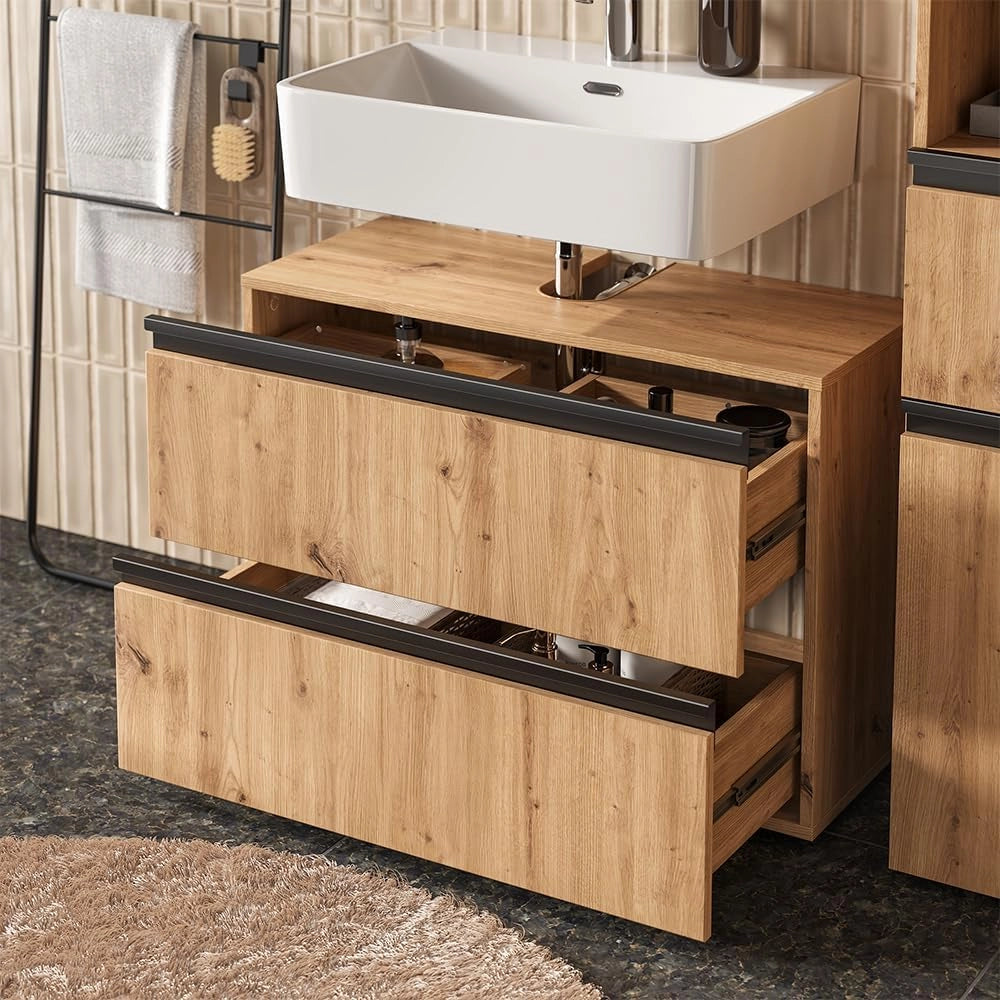 Set di mobili da bagno Torren, Artigiano, 80 cm, composto da mobile sottolavabo, specchiera e mobile medio