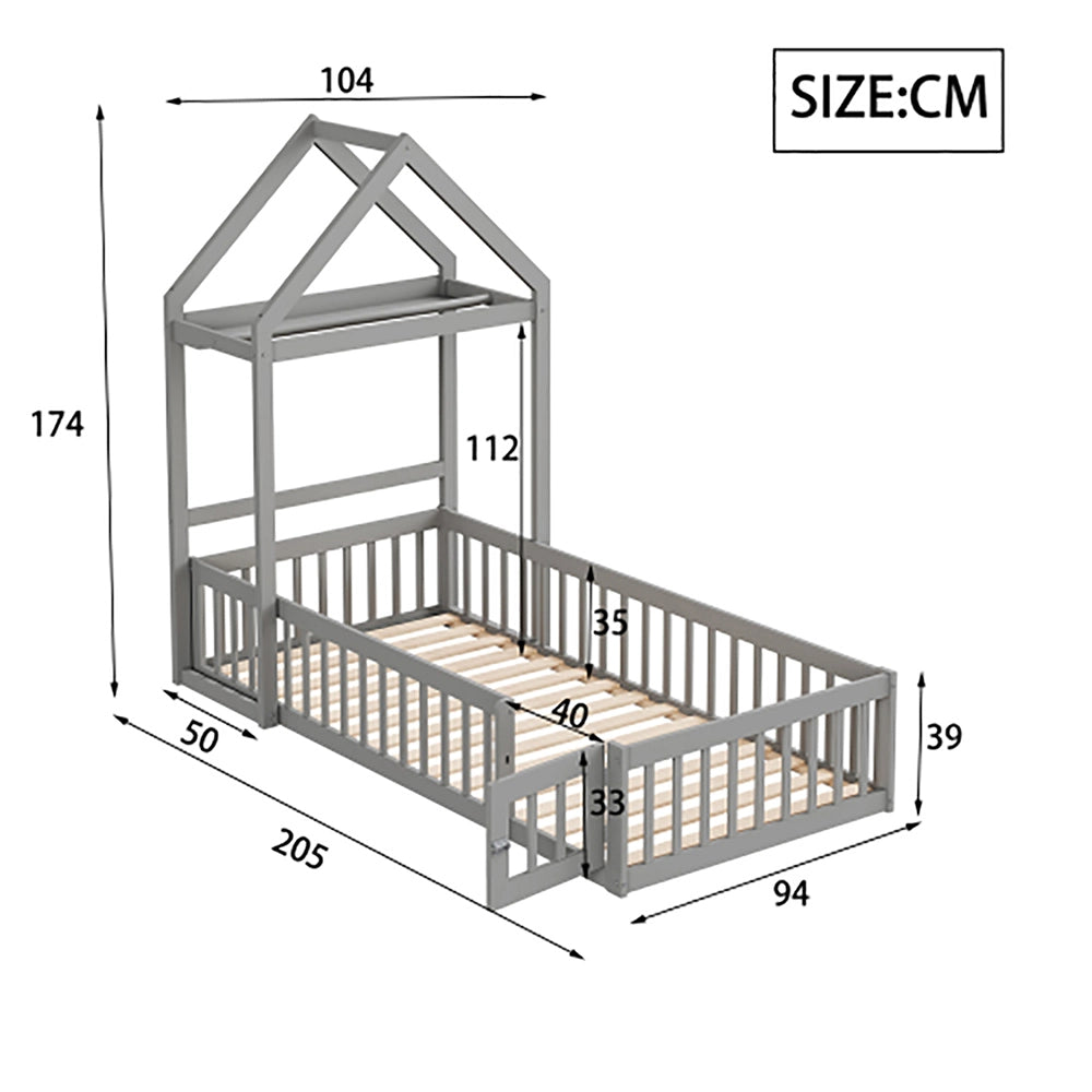 Letto singolo per bambini con contenitore - Xylo - 90x200 cm - Grigio - Protezione completa porte e rete